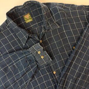 Scott Barber Men’s 100% Linen Button Up Blue White Plaid XL Long Sleeve